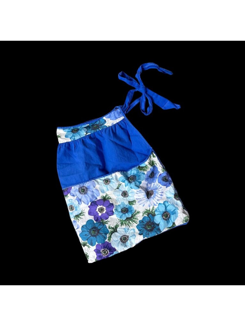 Vintage Apron Handmade Blue Floral Pocket Flower Power Mid Century Kitchen Retro